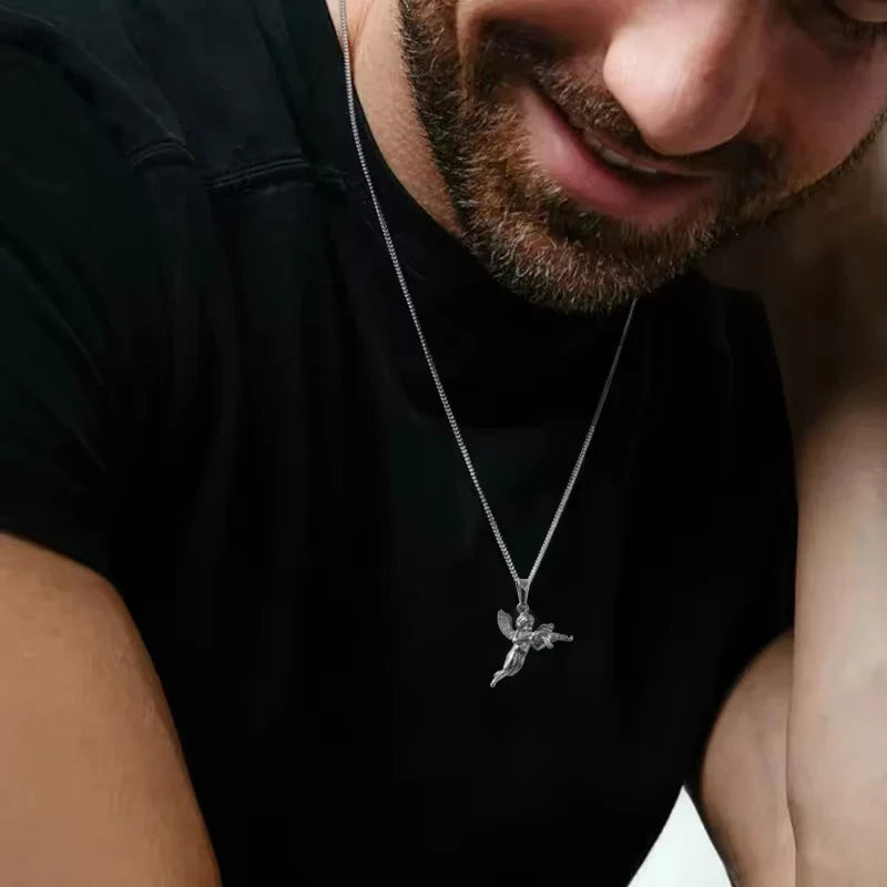 3D Angel with Gun Pendant Necklace for Men - 18K Gold Plated & 316L Steel Rope Chain Hip Hop Gothic Jewelry Gift Cupid's Reveng