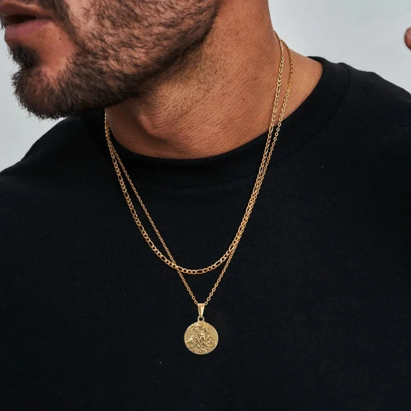 Waterproof Jewelry 18k Gold Plated Holy Saint George Pendant Stainless Steel Poseidon Owl Spartan Pendant Religious Medal Men