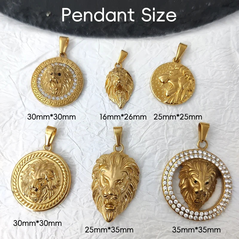 Men's Rock Hip Hop Crystal Inlay Lion Head Pendant Fashion Creative Stainless Steel Gold Color Party Club Charm Jewelry