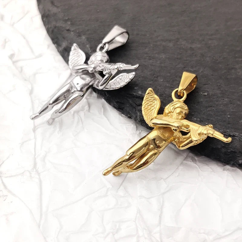 3D Angel with Gun Pendant Necklace for Men - 18K Gold Plated & 316L Steel Rope Chain Hip Hop Gothic Jewelry Gift Cupid's Reveng