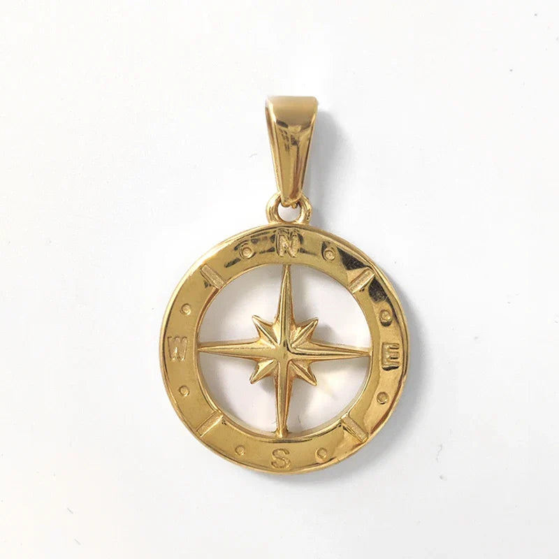 Hip Hop Men 18K Gold Plated Stainless Steel Compass Pendant North Star Charm Necklace Waterproof Jewelry For Men Gift