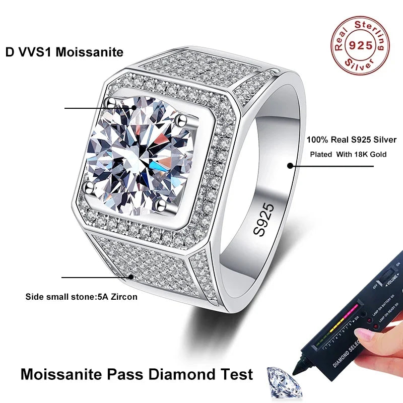 NeeTim D Color 10 Carat Moissanite Ring for Men S925 Sterling Silver Plated with White Gold Luxury Man Wedding Ring Fine Jewelry