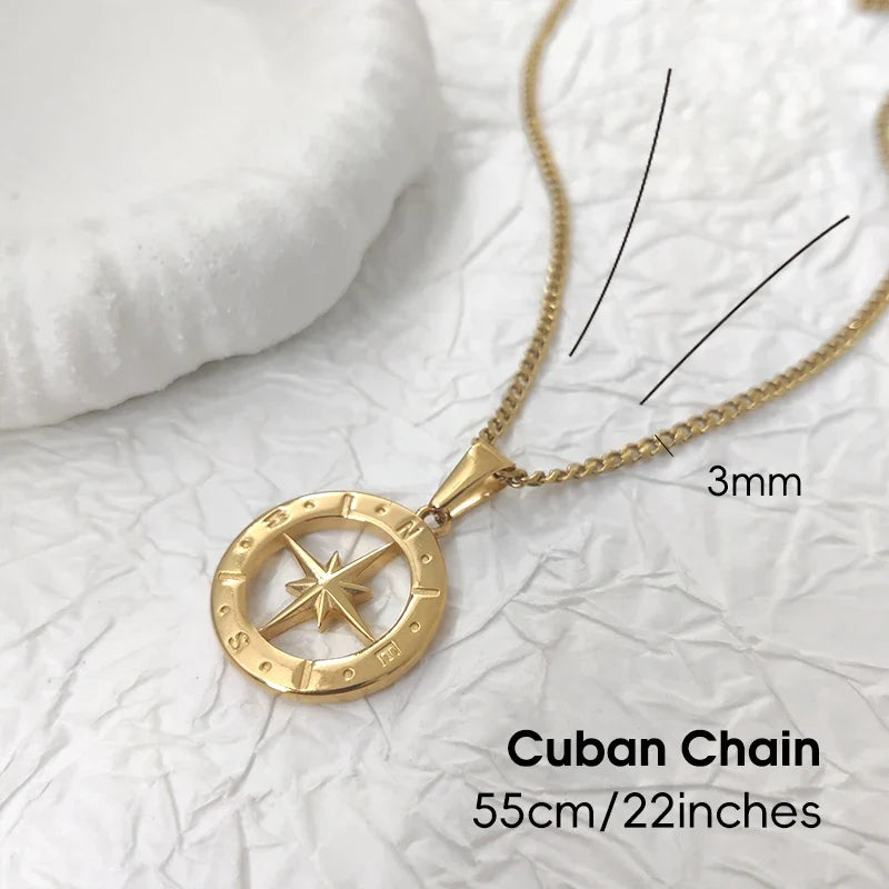 Hip Hop Men 18K Gold Plated Stainless Steel Compass Pendant North Star Charm Necklace Waterproof Jewelry For Men Gift