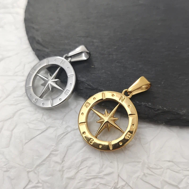 Hip Hop Men 18K Gold Plated Stainless Steel Compass Pendant North Star Charm Necklace Waterproof Jewelry For Men Gift