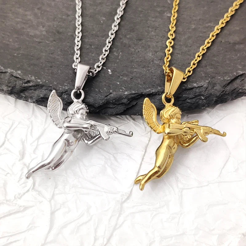 3D Angel with Gun Pendant Necklace for Men - 18K Gold Plated & 316L Steel Rope Chain Hip Hop Gothic Jewelry Gift Cupid's Reveng