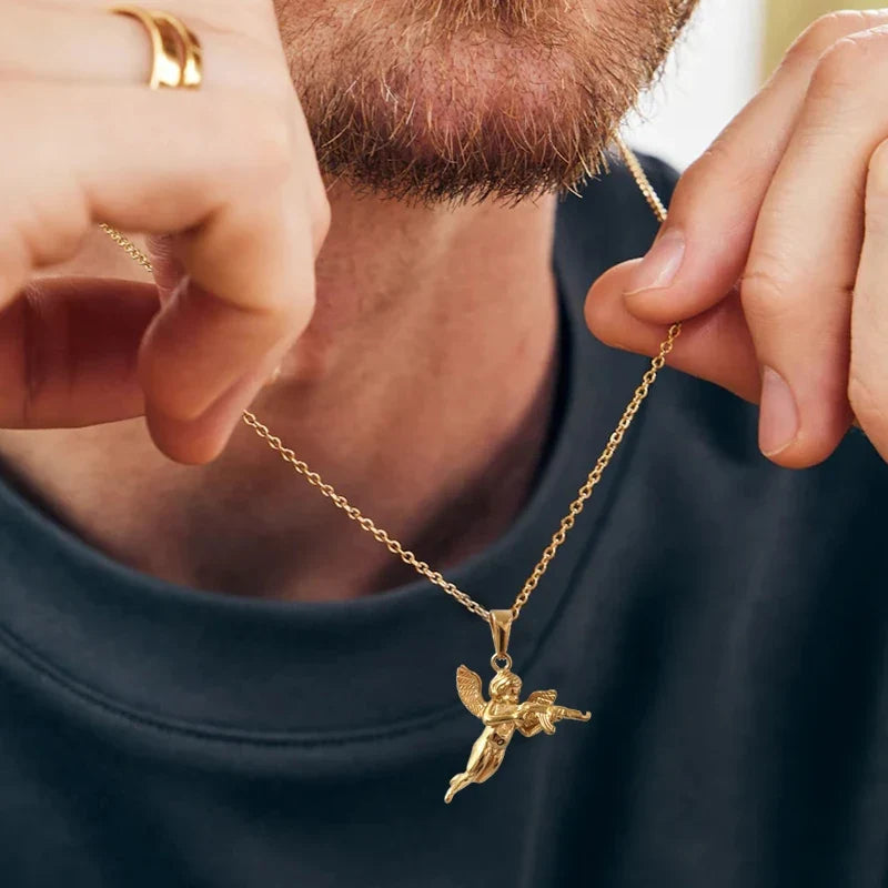 3D Angel with Gun Pendant Necklace for Men - 18K Gold Plated & 316L Steel Rope Chain Hip Hop Gothic Jewelry Gift Cupid's Reveng