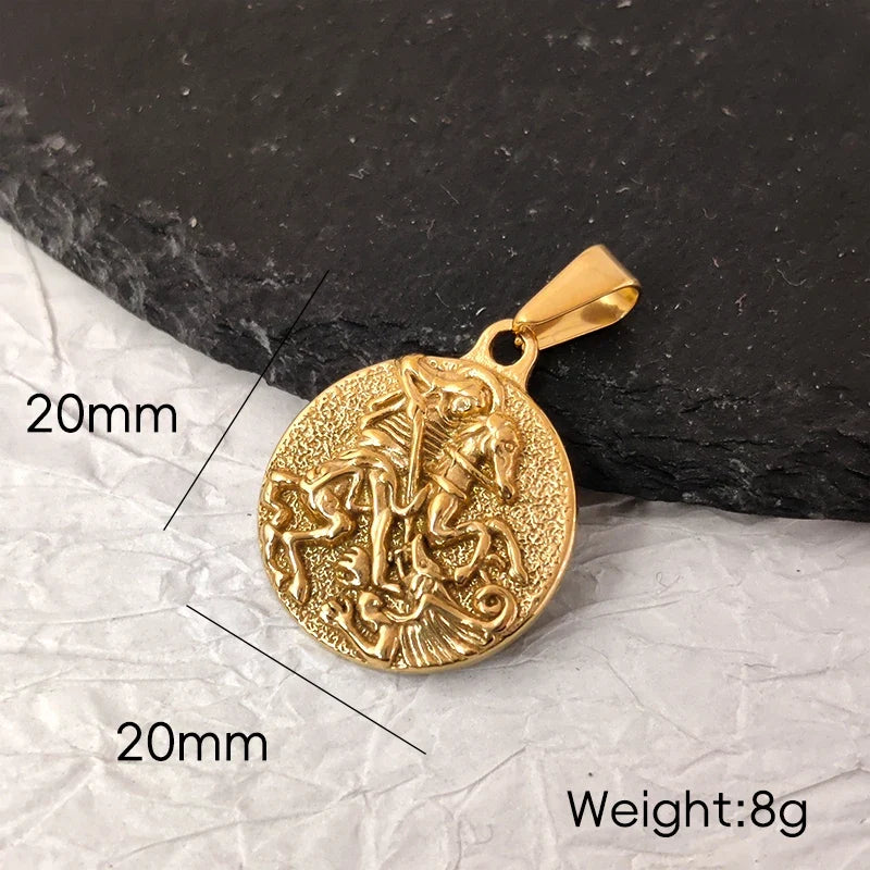 Waterproof Jewelry 18k Gold Plated Holy Saint George Pendant Stainless Steel Poseidon Owl Spartan Pendant Religious Medal Men