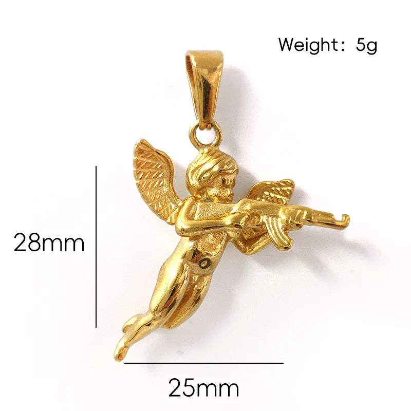 3D Angel with Gun Pendant Necklace for Men - 18K Gold Plated & 316L Steel Rope Chain Hip Hop Gothic Jewelry Gift Cupid's Reveng