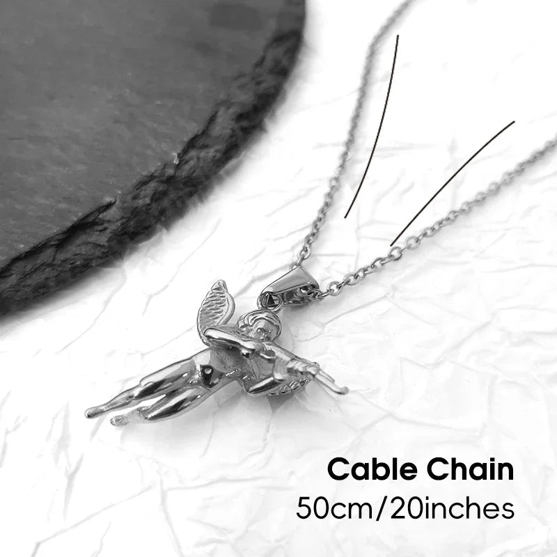3D Angel with Gun Pendant Necklace for Men - 18K Gold Plated & 316L Steel Rope Chain Hip Hop Gothic Jewelry Gift Cupid's Reveng