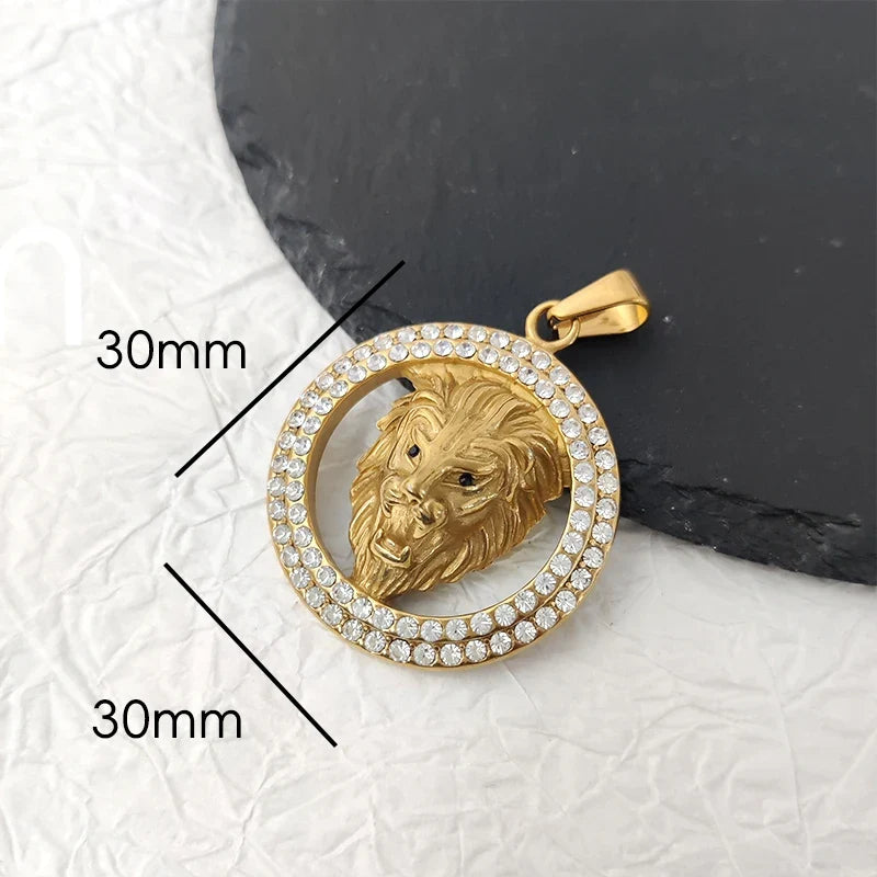 Men's Rock Hip Hop Crystal Inlay Lion Head Pendant Fashion Creative Stainless Steel Gold Color Party Club Charm Jewelry