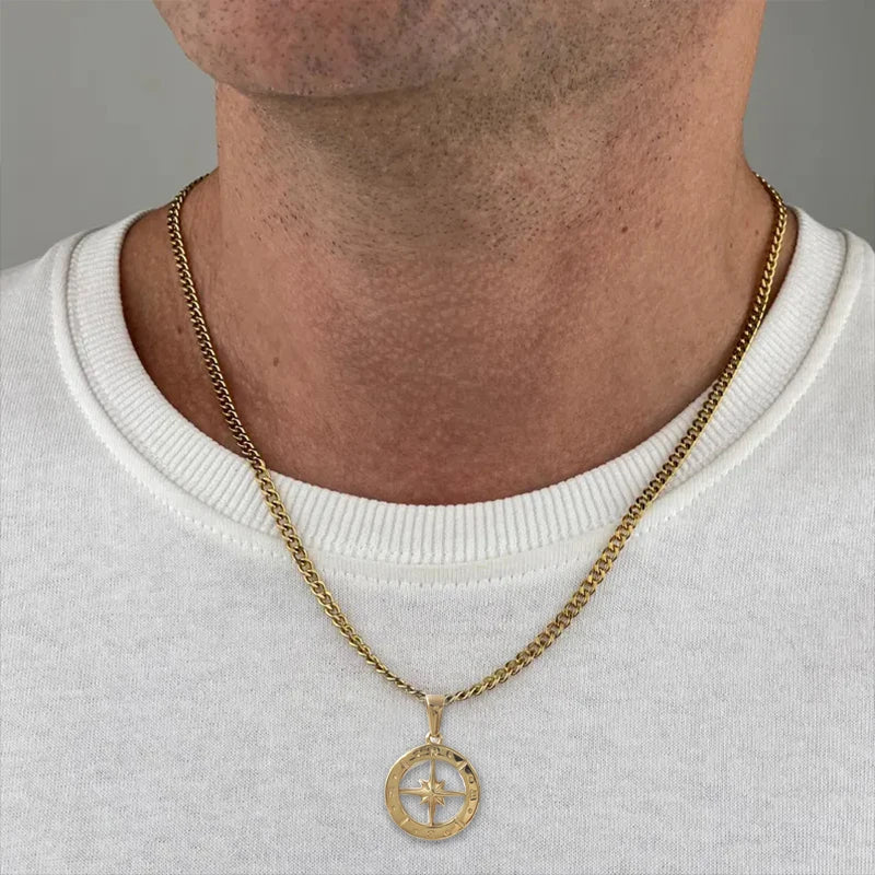 Hip Hop Men 18K Gold Plated Stainless Steel Compass Pendant North Star Charm Necklace Waterproof Jewelry For Men Gift