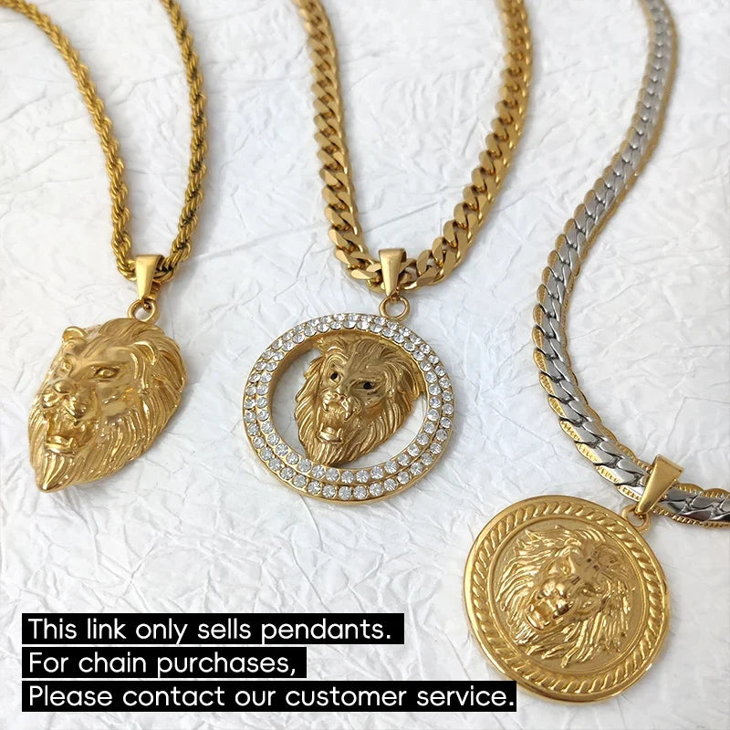 Men's Rock Hip Hop Crystal Inlay Lion Head Pendant Fashion Creative Stainless Steel Gold Color Party Club Charm Jewelry